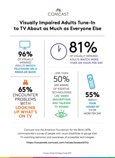 Survey Results: Regarding visually impaired adults, 96% watch TV, 55% watch more than 4 hours/day, less than 50% are aware of assistive technologies.