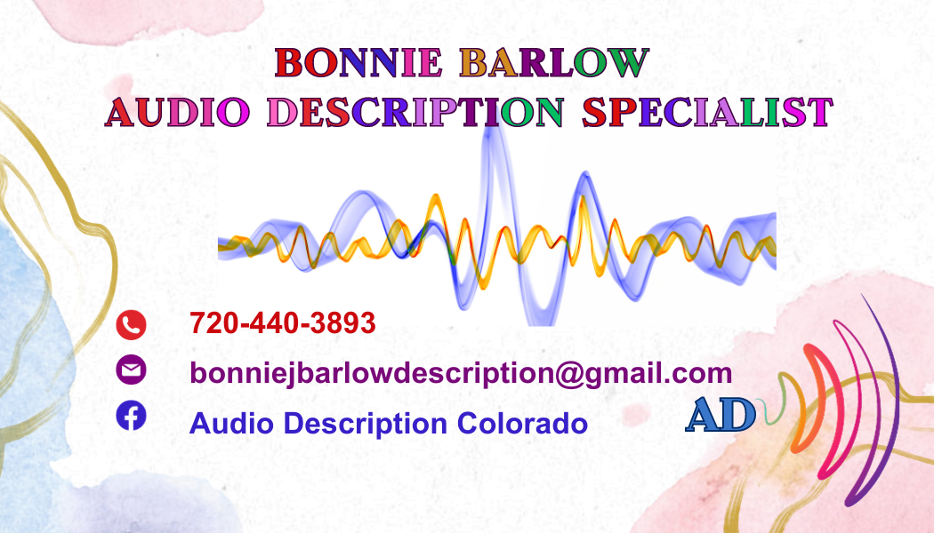 Bonnie's business card, including phone number of 720-440-3893 and email address bonniejbarlowdescription@gmail.com