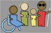 Clip art image of four people of different races, one in a wheelchair, one with dark glasses