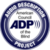 The text "Audio Description Project" in a circle surrounding "American Council of the Blind" and the letters A D P followed by a soundwave
