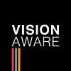 Vision Aware Logo, white on black with three colored stripes at the bottom