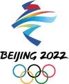 Beijing 2022 against a background of a colorful graphic and the 5 olympic rings